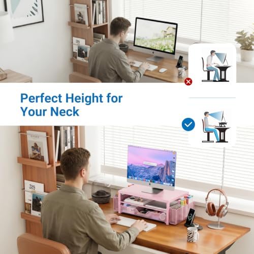 OPNICE Desk Organizers and Accessories, Computer Monitor Stand Riser with Drawer and 2 Pen Holders, Printer & Laptop Stand, Office Desk Accessories & Workspace Organizers for Home Office Supplies, Metal Pink - Image 3