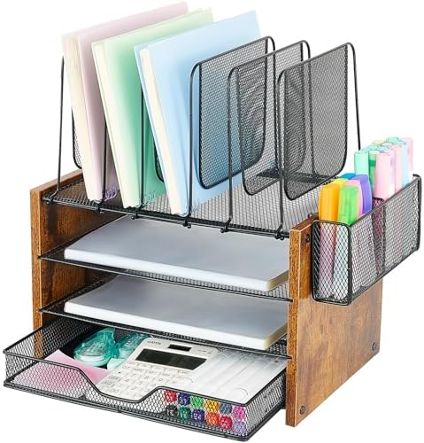 OPNICE Desk Organizer, 4-Tier Desktop File Organizer with Drawer and Pen Holders, Office Desk Accessories, File Sorters, Workspace Organizers for Office Supplies(Brown) by OPNICE