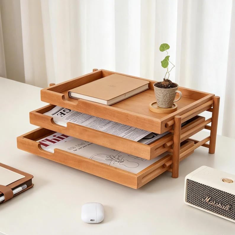 Walnut Wood Desk Organizer with 3 Drawers, Modern Minimalist Desktop Storage Tray, Multilayer Document Holder for Office Home Study, Natural Brown Wooden Desk Caddy - Image 5