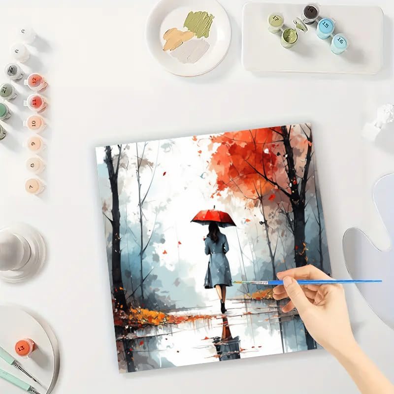 TAOPAOLAB Autumn Stroll Digital Painting Kit for Adults - DIY Woman with Red Umbrella Oil Painting on Canvas 7.87x7.87in, Framed Acrylic Paint Kit, Good for Beginners, Home Decor or Gift Artwork - Image 3