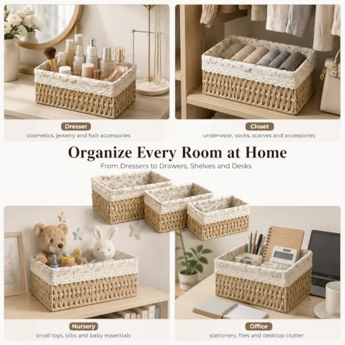 Small Wicker Basket with Liner for Counter, Woven Storage basket Set of 3 - Image 5