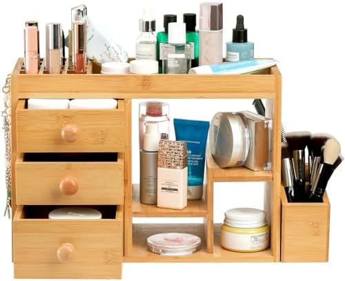 Elsjoy Large Countertop Bamboo Makeup Organizer with 3 Drawers, 12-Grid Lipstick Holder, Jewelry Hanging Hooks, Makeup Brush Holder, Desktop Wood Cosmetic Organizer Stand for Vanity - Image 3