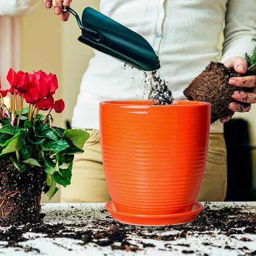 10 Inch Plant Pot, Ceramic Planters for Plants with Drainage and Saucer, Orange - Image 4