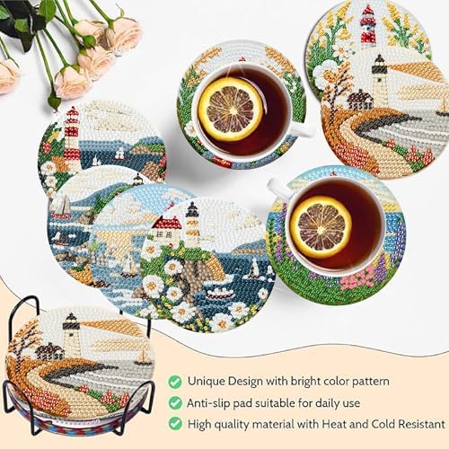 Clendo 8 Pcs Beach and Lighthouse Diamond Art Coasters Kits with Holder, Coast Diamond Painting Coasters Kits for Adults, DIY 5D Small Mini Diamonds Dots Kit Full Drill Art Craft Supplies 4X4 Inch - Image 2