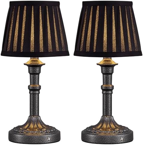 KDG Mottled Silver Cordless Table Lamps Set of 2, Black Fabric Shade Light by KDG