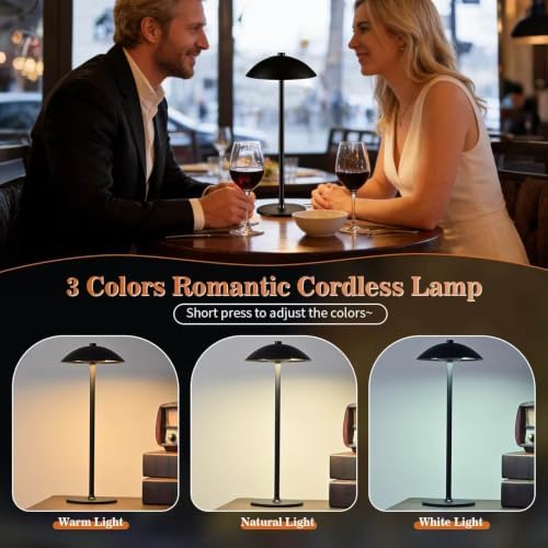 Cordless Metal Table Lamp, 3-Color Modes Vintage Mushroom Desk Lamp, Stepless Dimmable Nightlight with Touch Sensor, Matte Black Decorative Lighting for Bar Counter, Dining Room, Bedroom - Image 4