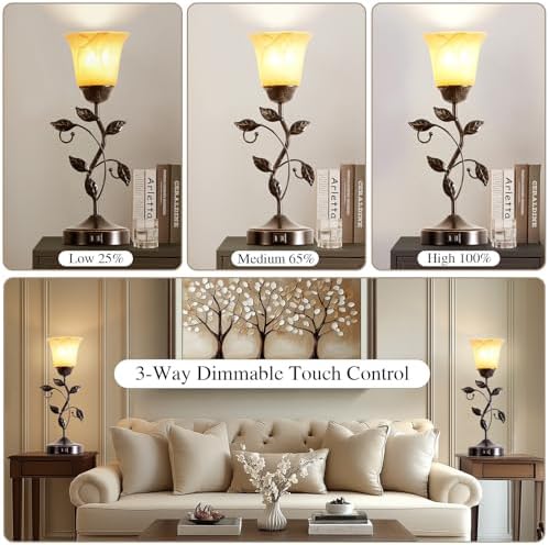 Set of 2 Touch Vintage Bedroom Leaf Table Lamps with 2 USB Ports - Image 3