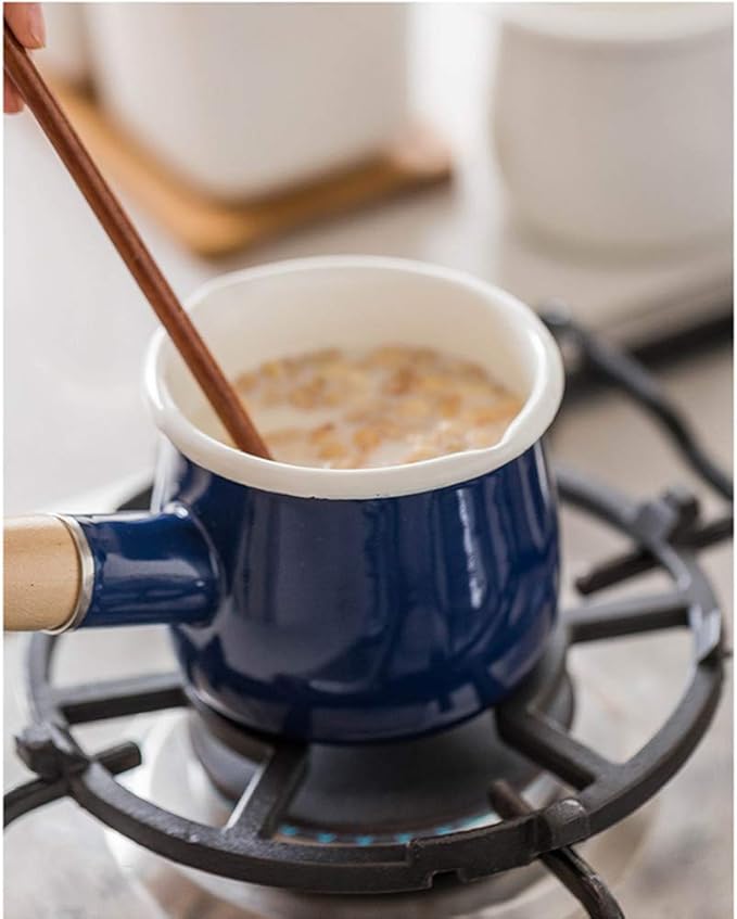 Enamel Milk Pot, Small Saucepan Milk Pot Butter Warmer 4 Inch 17 Oz Enamel Small Sauce Pan with Wooden Handle, Perfect Size for Heating Smaller Liquid Portions. (Blue）