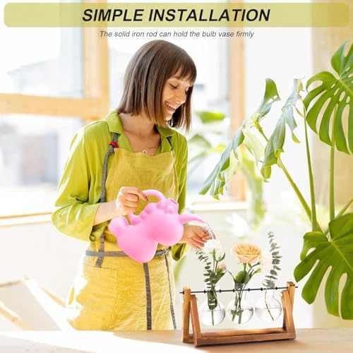 XXXFLOWER Plant Terrarium with Wooden Stand, Air Planter Bulb Glass Vase Metal Swivel Holder Retro Tabletop for Hydroponics Home Garden Office Decoration - 3 Bulb Vase - Image 3