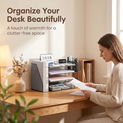 OPNICE Desk Organizers and Accessories, 4-Tier Desktop File Organizer with Drawer and Pen Holders, Office Desk Accessories Workspace Organizers for Office Supplies (Soft Black) - Image 4