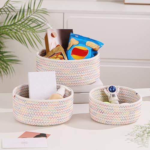 Small Basket Cotton Rope Woven Baskets for Organizing Cute Mini Tiny Baskets for Nursery Decorative Boho Round Storage Bathroom Organization Bin Open Storage Bins (Colorful white) - Image 6