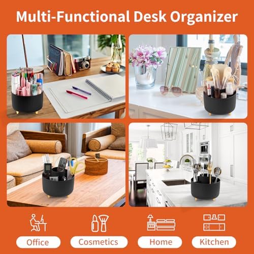 Desk Pencil Pen Holder, 5 Slots 360°Degree Rotating Pen Organizers for Desk, Desktop Storage Stationery Supplies Organizer, Cute Pencil Cup Pot for Office, School, Home, Art Supply, Black - Image 5
