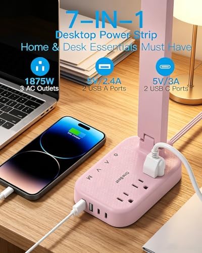 LED Desk Lamp, Power Strip with 4 USB 3 Outlets, Dorm Room Essentials, Pink - Image 2