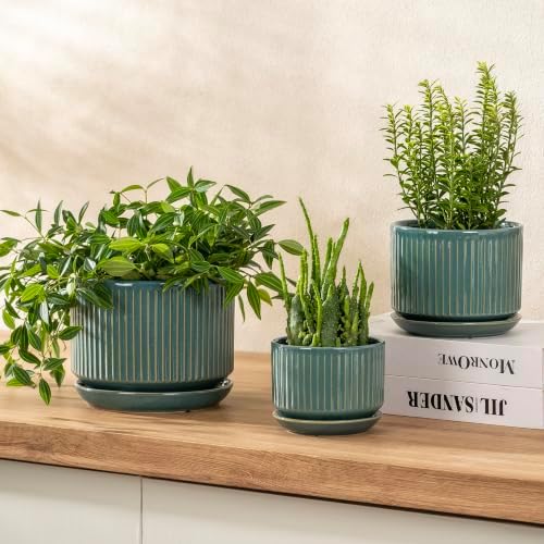 SURE YUESI Ceramic Plant Flower Pots for Indoor Plant, 4.33"+5.5"+6.88", Set of 3, Orchid Pot with Drainage Hole, Saucer and Hole Mesh Pad for Succulents, Herbs and African Violet (Light Blue) - Image 4