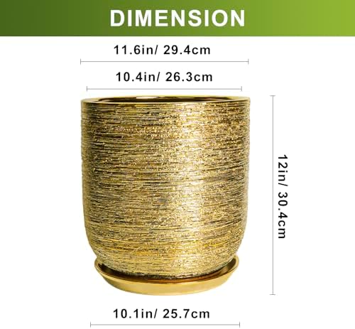 Ceramic Pots for Plants 12 Inch - Ceramic Planter for Indoor Outdoor Flowers, Cylinder Modern Flower Pot with Drainage Hole and Saucer, Patio Home Decor, Gifts for Plants Lovers, Gold - Image 3
