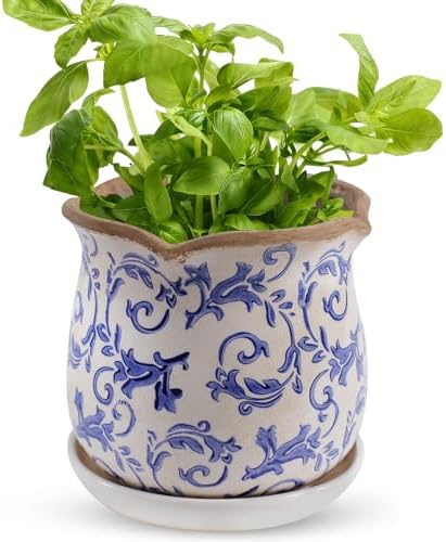 Ceramic-Planters-for-Indoor-Plants with Saucer, 6 inch Vintage Ice Crackle Glaze Plant Pots with Drainage Holes, Decorative Flower Pots for Outdoor Garden Home Decor, Tuscan Pot for Plant by Xoogifae