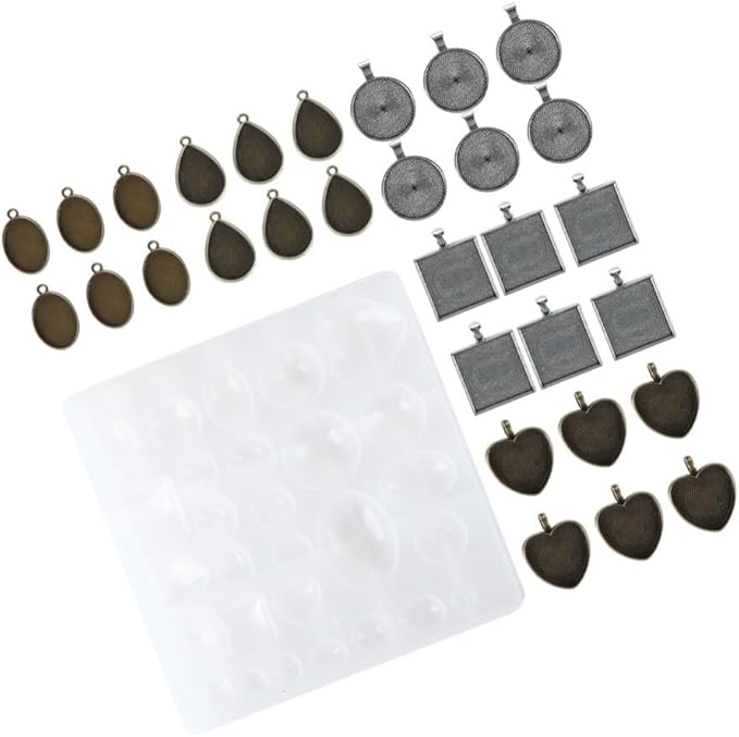 Silicone Mold Alloy Round Oval Heart Shapes Pendant Base Tray for Resin Casting DIY Jewelry Making Kit