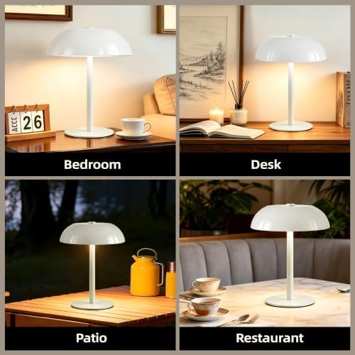 2 Pack Portable LED Mushroom Table Lamp, 12H Cordless Metal Night Light with Rechargeable Battery, Stepless Dimmable 3 Colors Desk Lamp for Bedroom Bar Coffee Shop(White) - Image 6