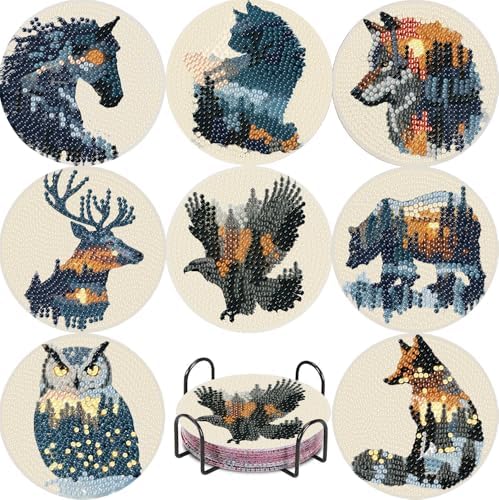 NEGEKFKX 8 Pcs Diamond Art Painting Coasters Kits,Animal Landscape Coaster with Holder for Adults, Non-Slip DIY Dot Paint Craft Kits,5D Full Drill DIY Diamond Dot Gem Art Kit Home Decor Arts Craft by NEGEKFKX