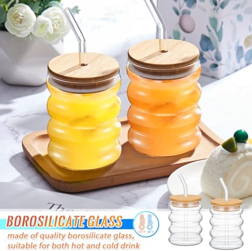 Tessco for you 4 Pcs Creative Glass Cups with Lids and Straws Brush, 12 oz Aesthetic Cup Iced Coffee Glasses Clear Ribbed Glassware Wave Tumbler Drinking Cups for Juice Coffee Beverage Bubble Tea - Image 4