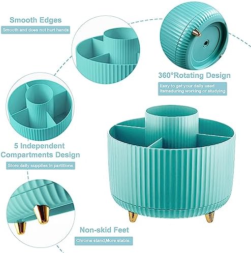 Cayxenful Pencil Holder For Desk,5 Slots 360°Degree Rotating Desk Organizers And Accessories,Desktop Storage Stationery Supplies Organizer, Cute Pencil Cup Pot For Office, School, Home (C-Blue) - Image 2
