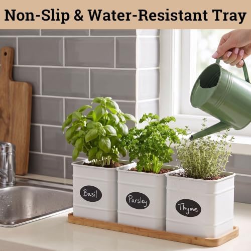 Herb Planter Indoor, 3-pc Herb Pots w/ Drainage Holes, Bamboo Tray & Labels - Image 6