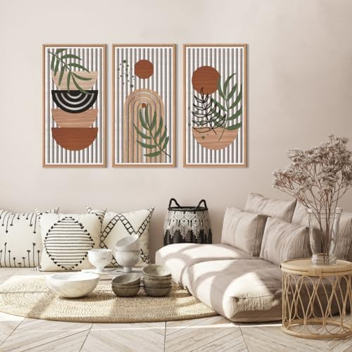 IARTTOP Large Boho Wood Wall Art Framed 16x32 Inch Mid Century Modern Wooden Wall Decor Abstract Bohemian Minimalist Art Decor for Bedroom Living Room Office Set of 3 - Image 2