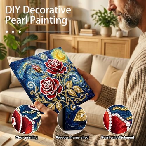 LQCrafK DIY Pearl Art Painting Handcraft Kit for Adults Beginners with Tools and Framed Painting, Creative Design,Self-Adhesive, Healing Stress-Relieving Home Wall Decoration-Rose - Image 2
