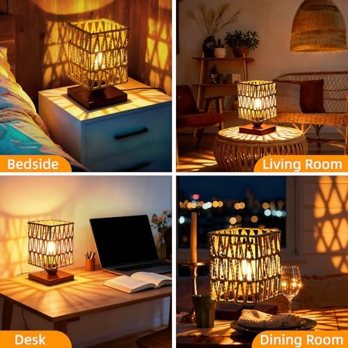 Small Rattan Table Lamp,Boho Mini Bamboo Bedside Lamps for Bedroom,Handwoven Vintage Wicker Nightstand Lamp with LED Bulb,Woven Ambient Night Light for Living Room Office Entryway Home Decor - Image 4