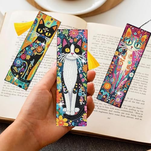Puraikcmi 6 PCS 5D DIY Diamond Art Bookmarks Kit Cats Diamond Paintings Bookmarks Kits with Tassels Acrylic, Rhinestone Crafts Decoration Gift Set for Book Lovers Beginners & Adults - Image 2