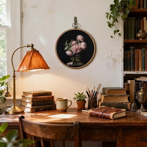 OFJE Vintage Moody Peony Floral Wall Art Decor, Decor, Dark Academia Floral Round Wall Hanging Decor, Dark Cottagecore Flower Framed Canvas Prints for Home Bedroom Living Room Decorations, 10x10 Inch - Image 3