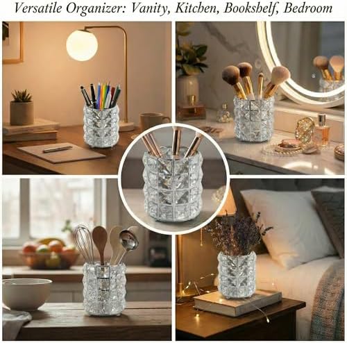 YAGELI Crystal Pen Holder for Desk, 3.58" Gold/Silver Pencil Cup - Image 3