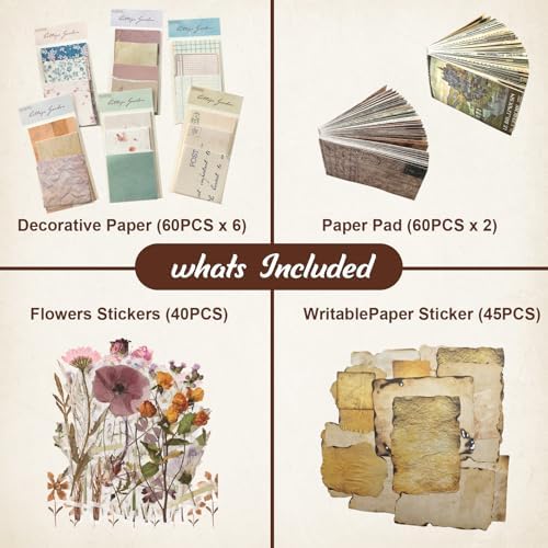 565 Pcs Vintage Scrapbook Paper Kit, Scrapbook Paper Supplies with Flowers Stickers, Journaling Decorative CraftPaper Set for Junk Journal, Retro Crafts - Image 3