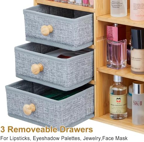 Large Makeup Organizer For Vanity, Large Capacity 3 Tiers Bamboo Bathroom Counter Organizers and Storage, Countertop Makeup Brush Holder, Nail Polish Perfume Stand with 3 Drawers and 10 Compartments - Image 5