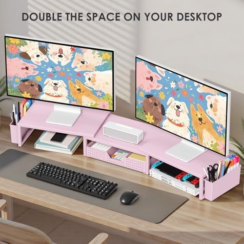 OPNICE Desk Organizers and Accessories, Dual Monitor Stand Riser with Drawer and 2 Pen Holders, Desk Shelf Printer Stand for Office Workspace Organizers, Desktop Organization (Pink) - Image 4