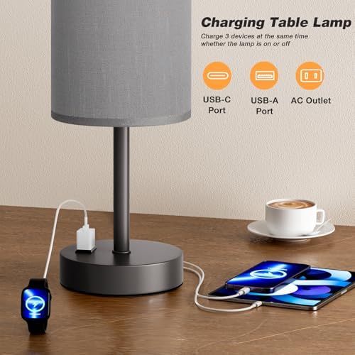 Fenmzee 17.4" Grey Lamp for Bedroom - Dimmable Touch, USB A+C, AC Outlet - Image 3