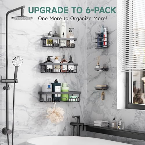 Veken Rustproof & Waterproof Shower Caddy 6-Pack, No Drilling Adhesive Shelves Rack with Soap Holder, Large Capacity Bathroom Organizers and Storage, Wall-Mounted Kitchen & Home Decor, Dark Grey - Image 6