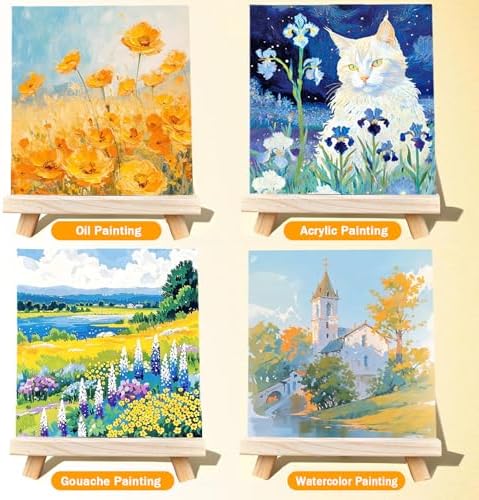 12 Pcs Mini Canvas and Easel Set 6''x8'' Small Blank Canvas Boards with Pine Wood Easels - Beginner Sip Painting Kit for Acrylic Oil Watercolor &Crafts - Ideal for Tabletop Display and Adults Party - Image 6