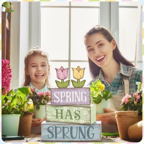 Moucuny 4 Pcs Spring Wooden Block Signs Farmhouse Tray Decor Tulips - Image 4