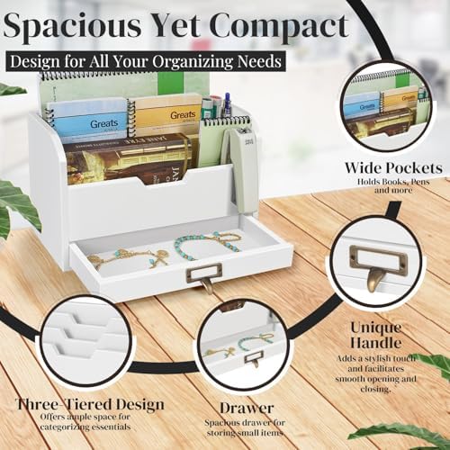 Flexzion Wood Desk Organizer, 3-Tier Mail Organizer with Drawer, Beige Wood - Image 4
