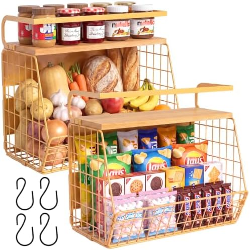 Magnetic Shelf for Fridge with Wood Lid, Fruit Potato and Onion Storage Bins, Pantry Organizers & Storage, Large Container Magnetic Spice Rack for Refrigerator, Kitchen Counter, Cabinet (Yellow, 2) by Ofiray-home