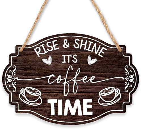 Coffee Bar Sign, Rise & Shine It's Coffee Time, 8 X 12 Inches Wooden Hanging Sign With A Hemp Rope, Kitchen Cafe Bar Station Door Decorations Wall Decor Accessories - Gifts For Friends Family - A06 by yppupetuc