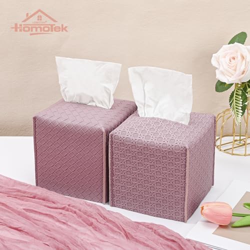 HOMOTEK 2 Pack Tissue Box Cover, Square PU Leather Tissue Holder, Decorative Facial Tissue Cube Paper Organizer Dispenser for Bathroom, Night Stands, Desk, Car 5X5X5'' - Woven Waffle,Plum Red - Image 6