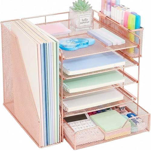 5-Tier Desk File Organizer with Drawer & Pen Holder (Rose Gold) by Illuminatinglifewiththewarmthandloveoflight