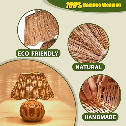 Rattan Small Bedside Mini Table Lamp for Bedroom, Boho Bedroom Lamps for Nightstand, Wicker Mini Table Lamps for Small Spaces with Scalloped Shade for Kitchen Counter, Bookshelf, Kids Dorm, Office - Image 3