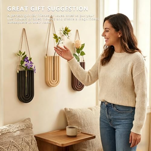 Wood Wall Planter Set of 3, Propagation Station with Glass Tubes, Boho Wall Decor Hanging Vase for Dried Flowers, Farmhouse Wooden Plant Holder for Living Room Bedroom, Rainbow U-Shaped - Image 5