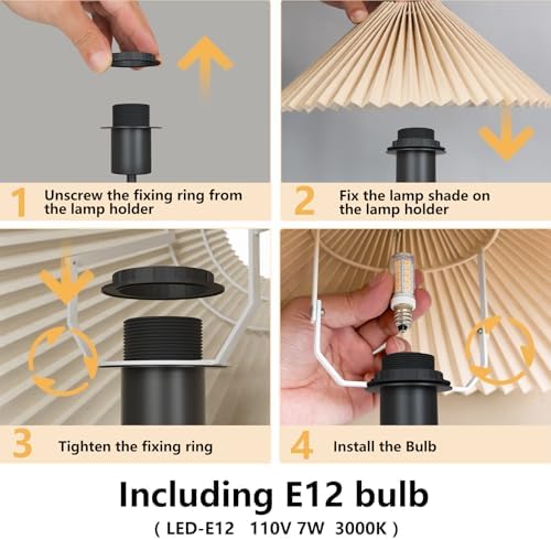 KUNJOULAM Small Pleated Table Lamp, Bedside Nightstand Lamp with Beige Lampshade Black Base, Morden Mini Lamp for Bedroom Home Office Decor, E12 Bulb Included - Image 4