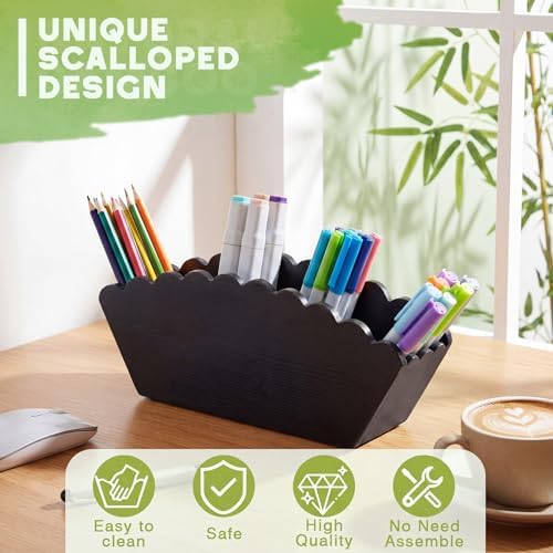 Jetec Scalloped Black Pencil Holder, 4 Compartment Wooden Desk Organizer - Image 3