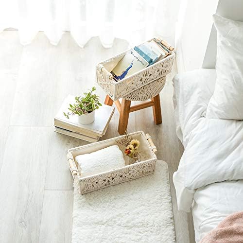 Mkono 2Pc Macrame Storage Basket, Boho Decor Toilet Paper Organizer, Ivory - Image 4