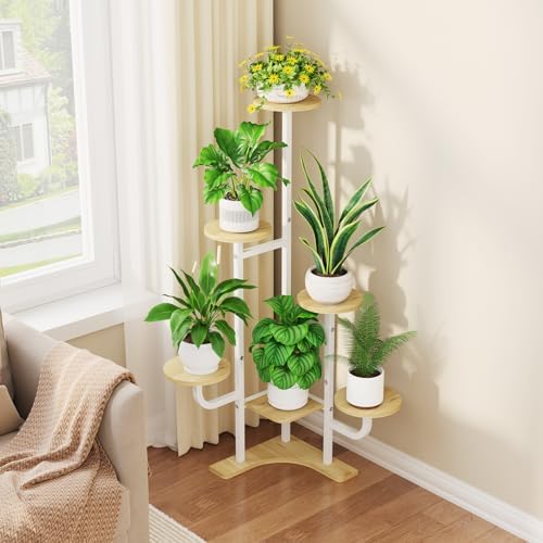 Homsorout Corner Plant Stand with Grow Light - 6 Tier Plant Stand Indoor Round Metal Plant Shelf with Adjustable Light, Plant Organizer for Living Room, Garden, Home Decor, Maple - Image 2